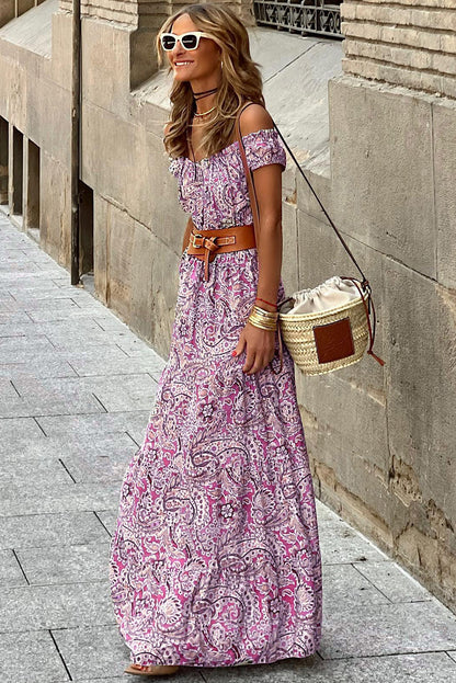 Blue Boho Paisley Print Off Shoulder Maxi Dress - Eloy Royal