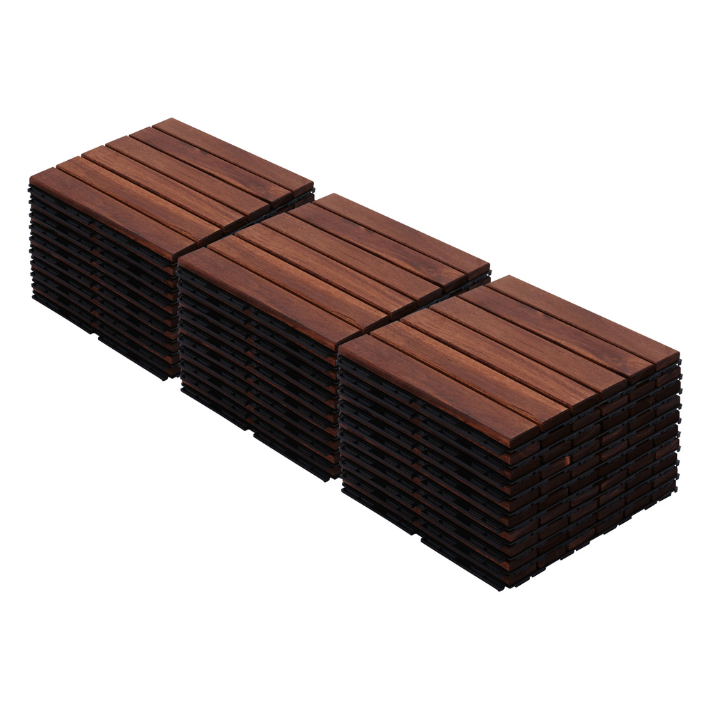Acacia Hardwood Outdoor Interlocking Deck Tiles with Striped Pattern for Patio and Balcony, Brown, 12' x 12'