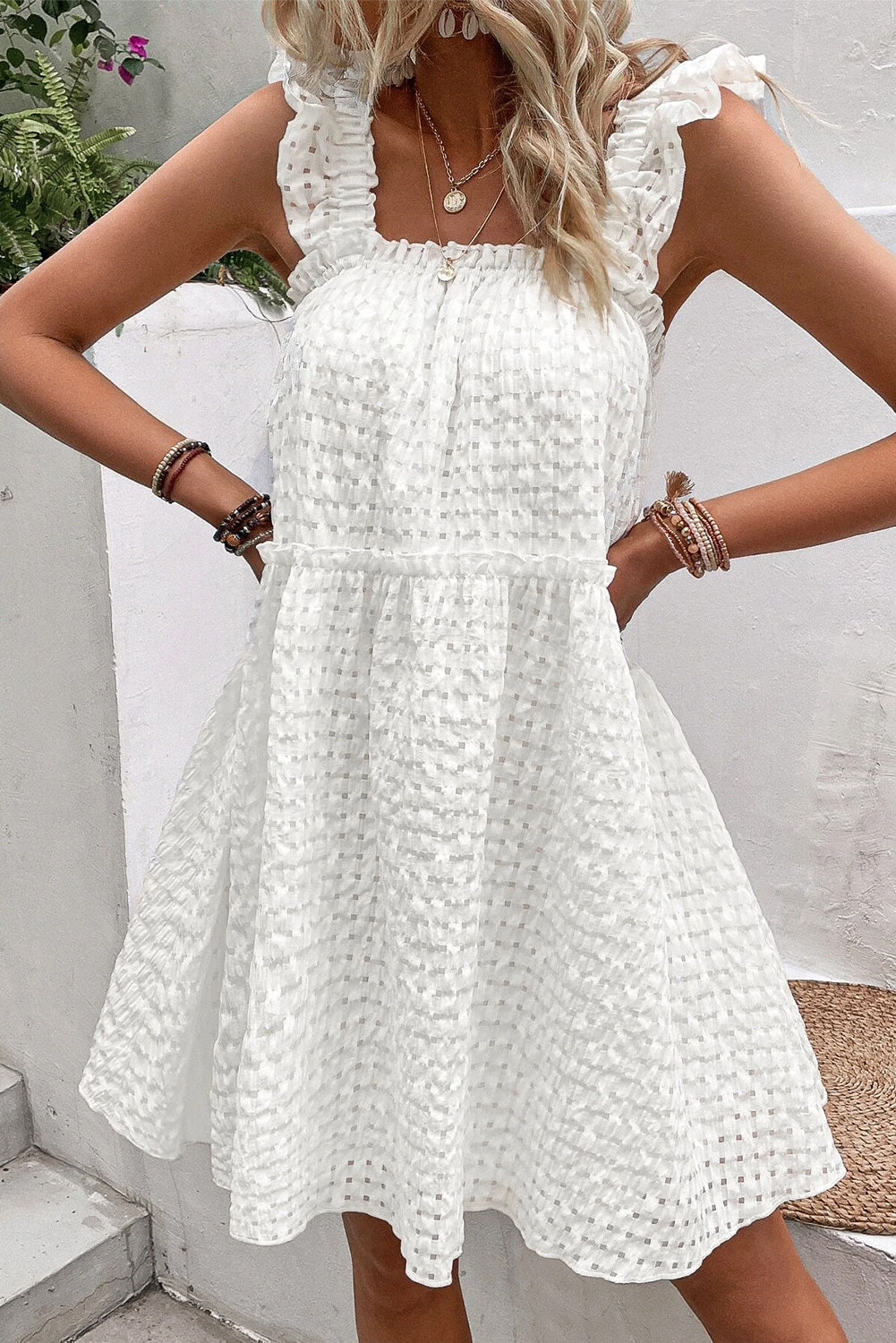 White Ruffle Straps Frill Trim Textured Vacation Dress - Eloy Royal