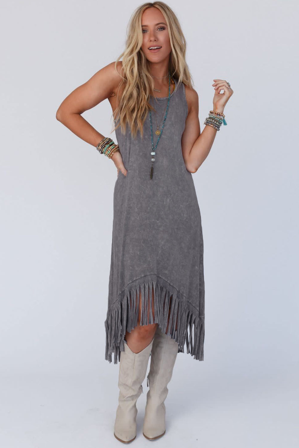 Gray Washed Sleeveless Fringe High Low Hem Maxi Dress - Eloy Royal