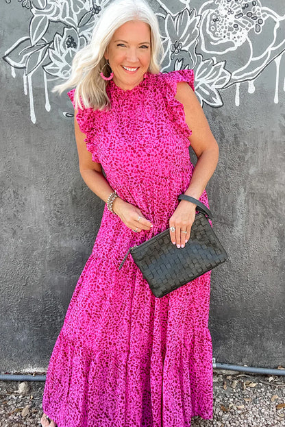 Rose Red Leopard Print Ruffle Sleeveless Maxi Dress - Eloy Royal