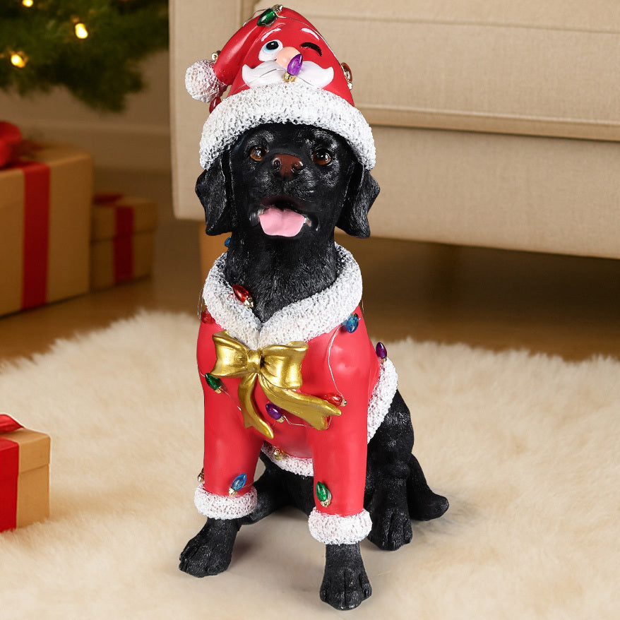 Christmas Black Labrador Retriever Statue, Holiday Dog Figurine in Santa Outfit