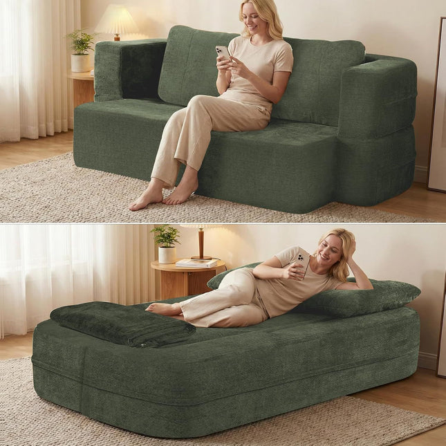 Convertible Sofa Bed with Blanket, Boneless Cloud Couch Queen Scott Fabric for Living Room Bedroom, 
Modular Loveseat with High-Density Solid Sponge No Assembly,Green.