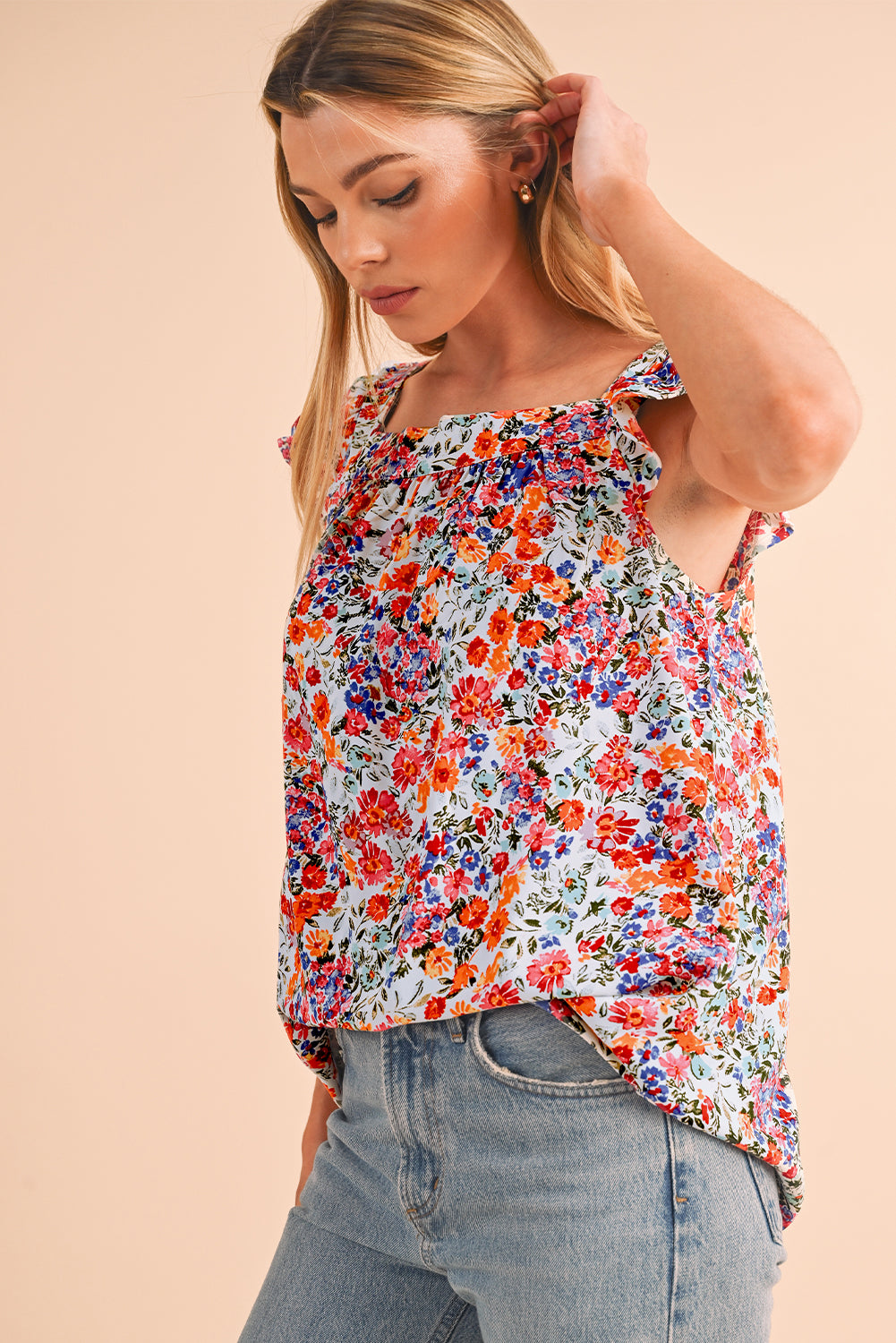 Rose Red Boho Floral Square Neck Flutter Sleeveless Top - Eloy Royal