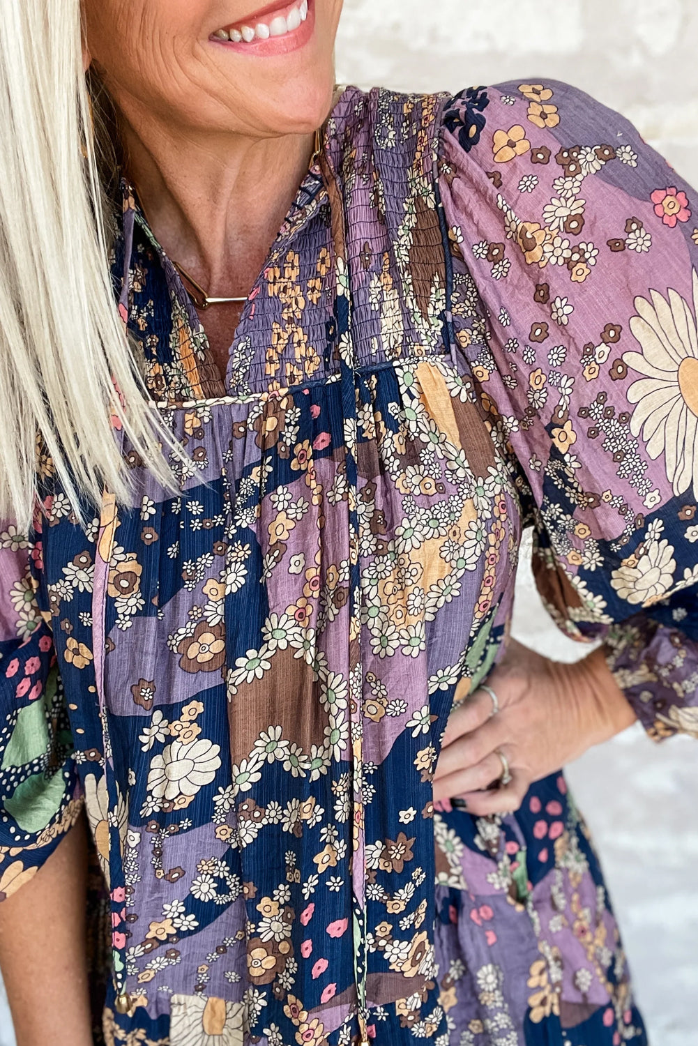 Purple Boho Floral Print Puff Sleeve Flowy Mini Dress - Eloy Royal