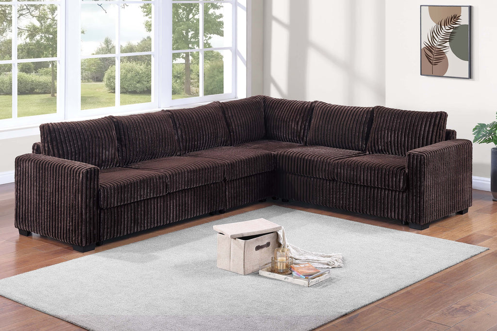 L-Shaped Sectional Set 4pc One Arm Loveseat Armless Chair Corner Wedge Cushion Back Plastic Leg Corduroy Upholstered Coffee Finish Primary Living Room