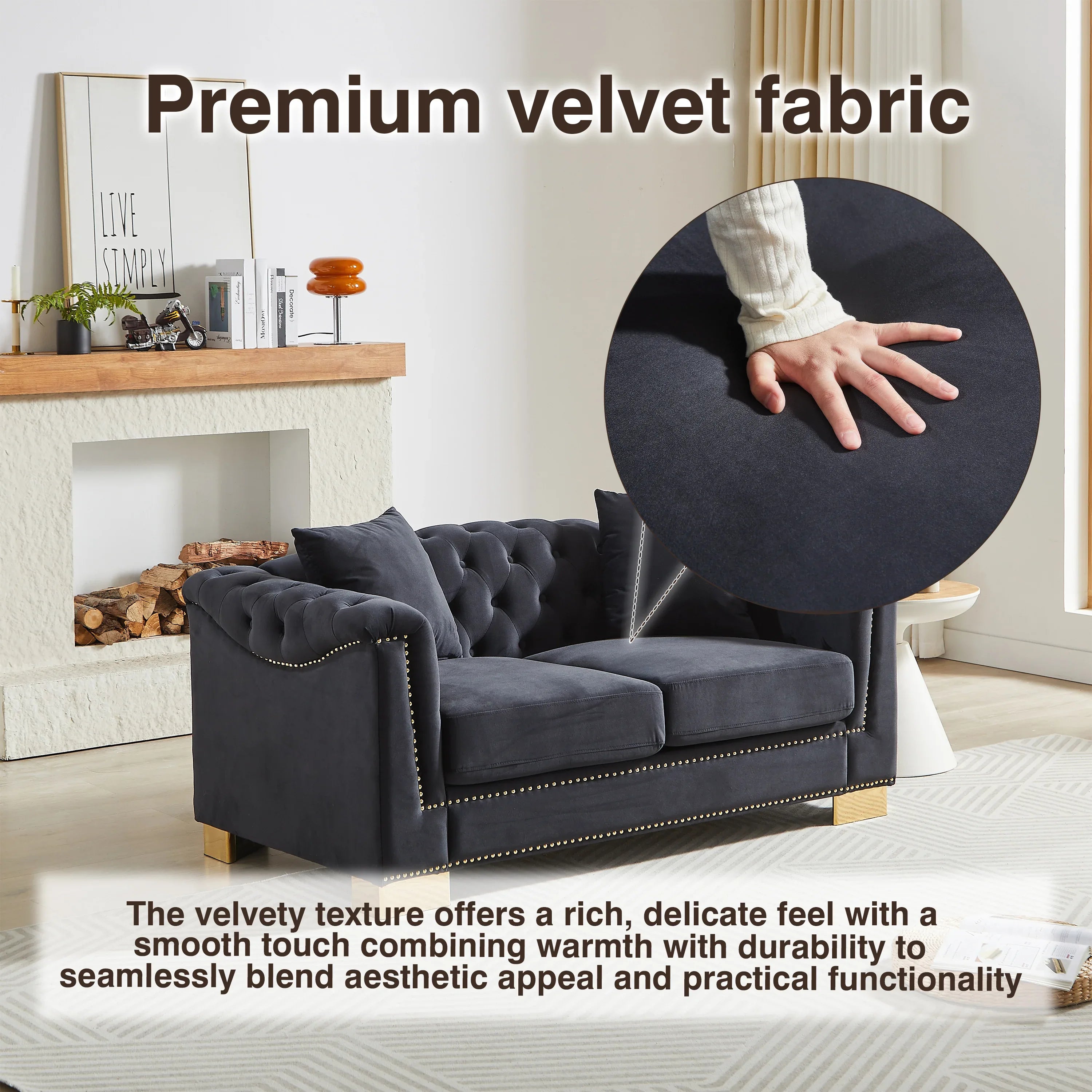 {Video] Classic Modern Style Sofa, 62-inch Chesterfield Classic Rolled Arm Tucked-in Nailhead Decor Cloud Two-Seater Velvet Sofa, Luxury Double Sofa Suitable for Living Room, Bedroom, Apartment, - Eloy Royal