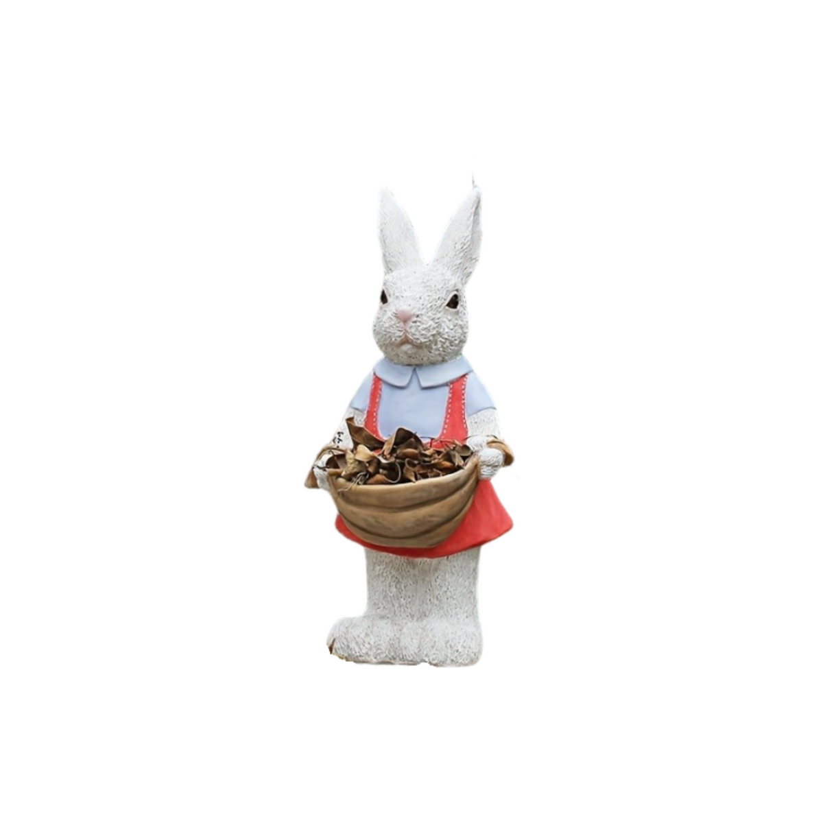 Whimsical Pink Rabbit Statue Flower Pot Ornament in Resin, 16.14 in Tall Garden Decor with Blue Top and Red Apron, Ideal for Yard, Patio, or Home Outdoor Display