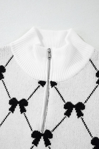 Black Preppy Bow Print Zipped Collar Knit Top