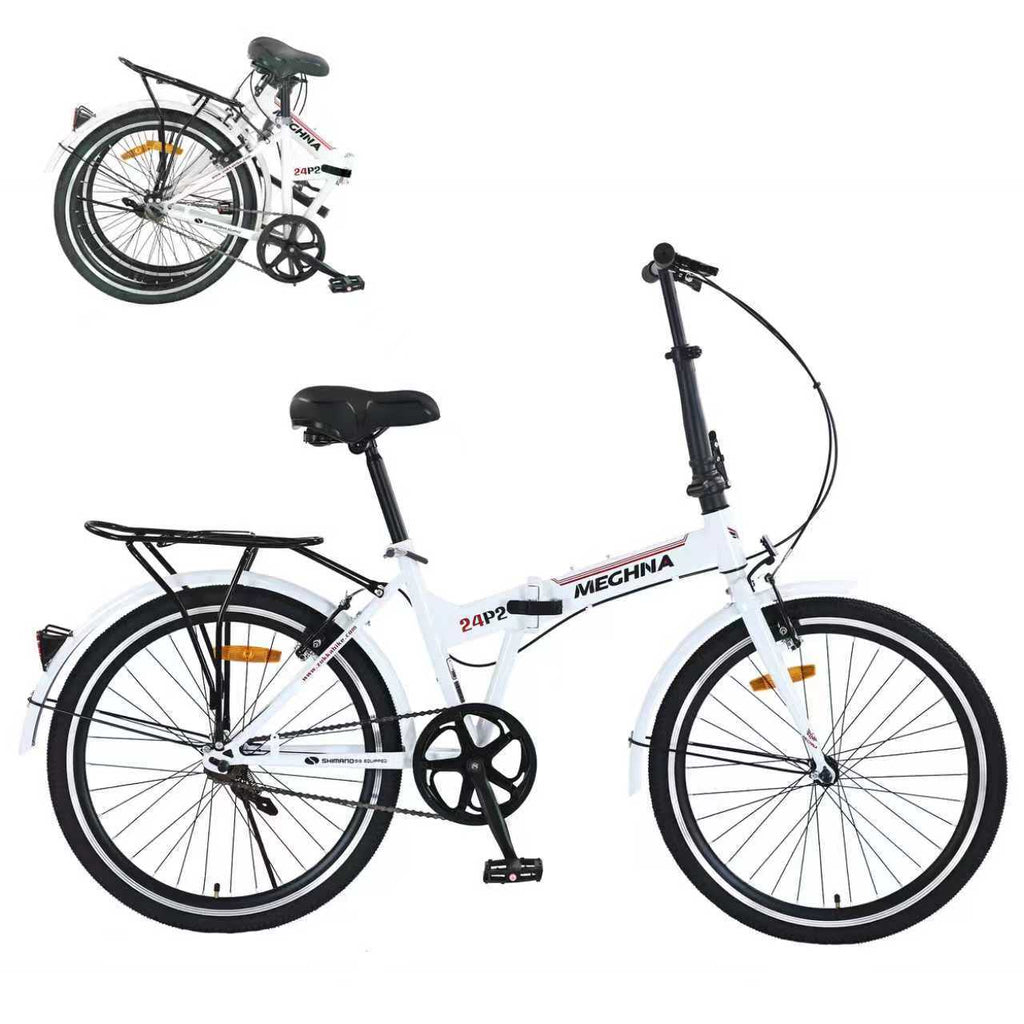 24 Inch Folding Bike for Adults with  Fenders, Steel Frame Single Speed City Commuter, Dual V-Brake Portable Compact Bicycle for Men & Women