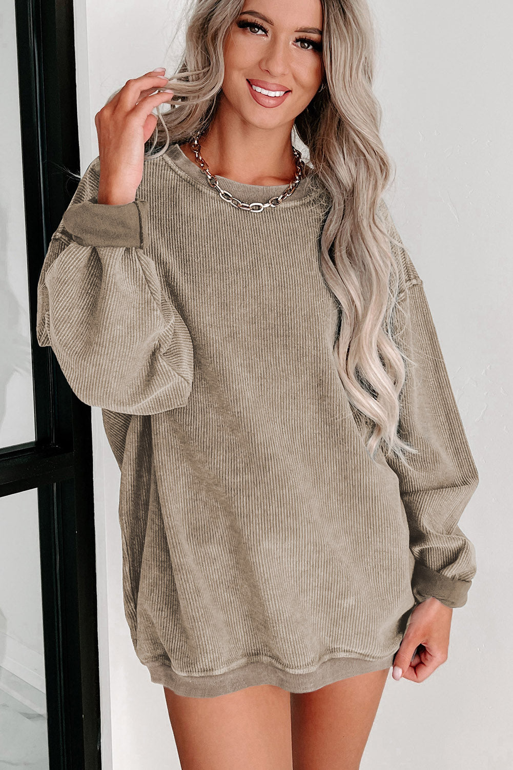 Khaki Solid Ribbed Round Neck Pullover Sweatshirt - Eloy Royal