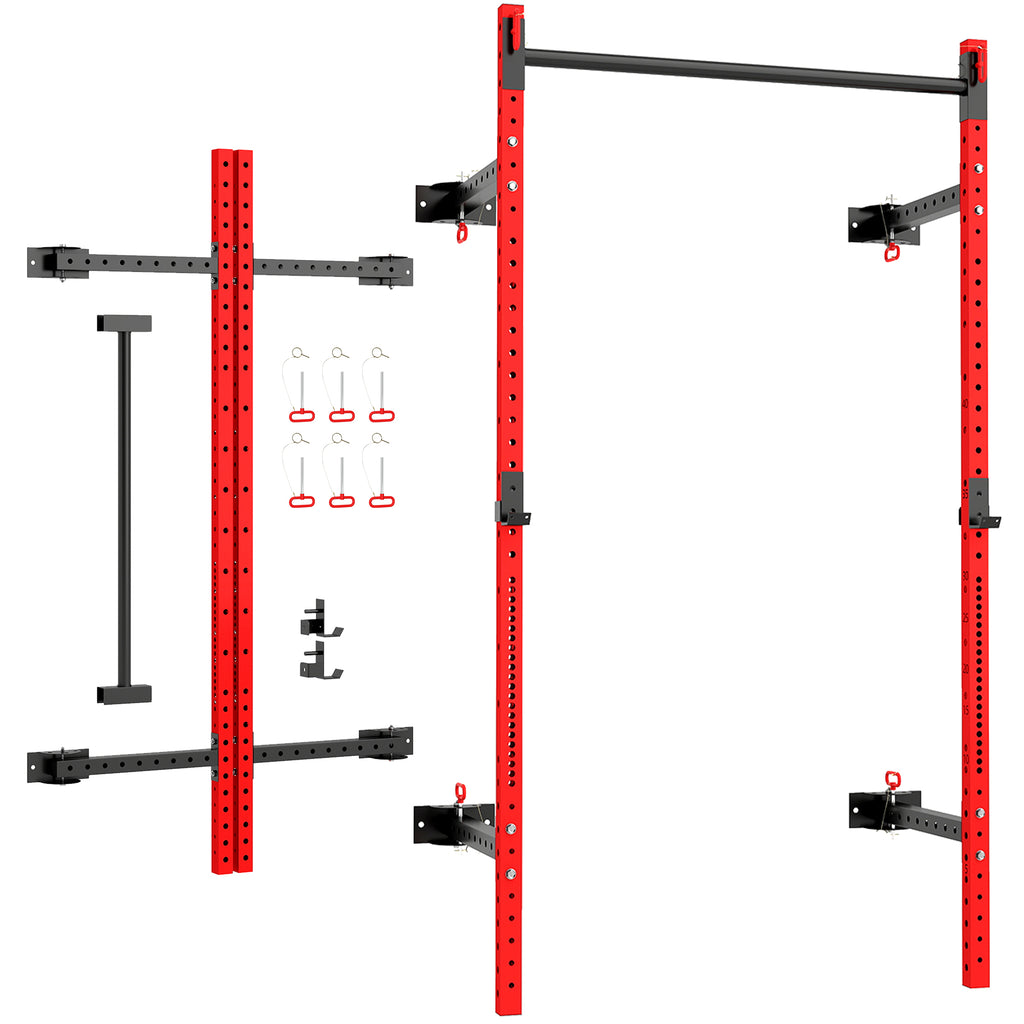 Soozier Folding Squat Rack with Pull Up Bar, Wall Mounted, 1000 Pounds Capacity Power Rack, Red