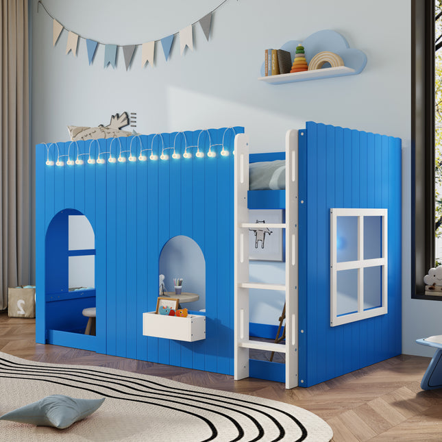 Twin Size Kids Loft Bed with Warm LED Light String, Klein Blue