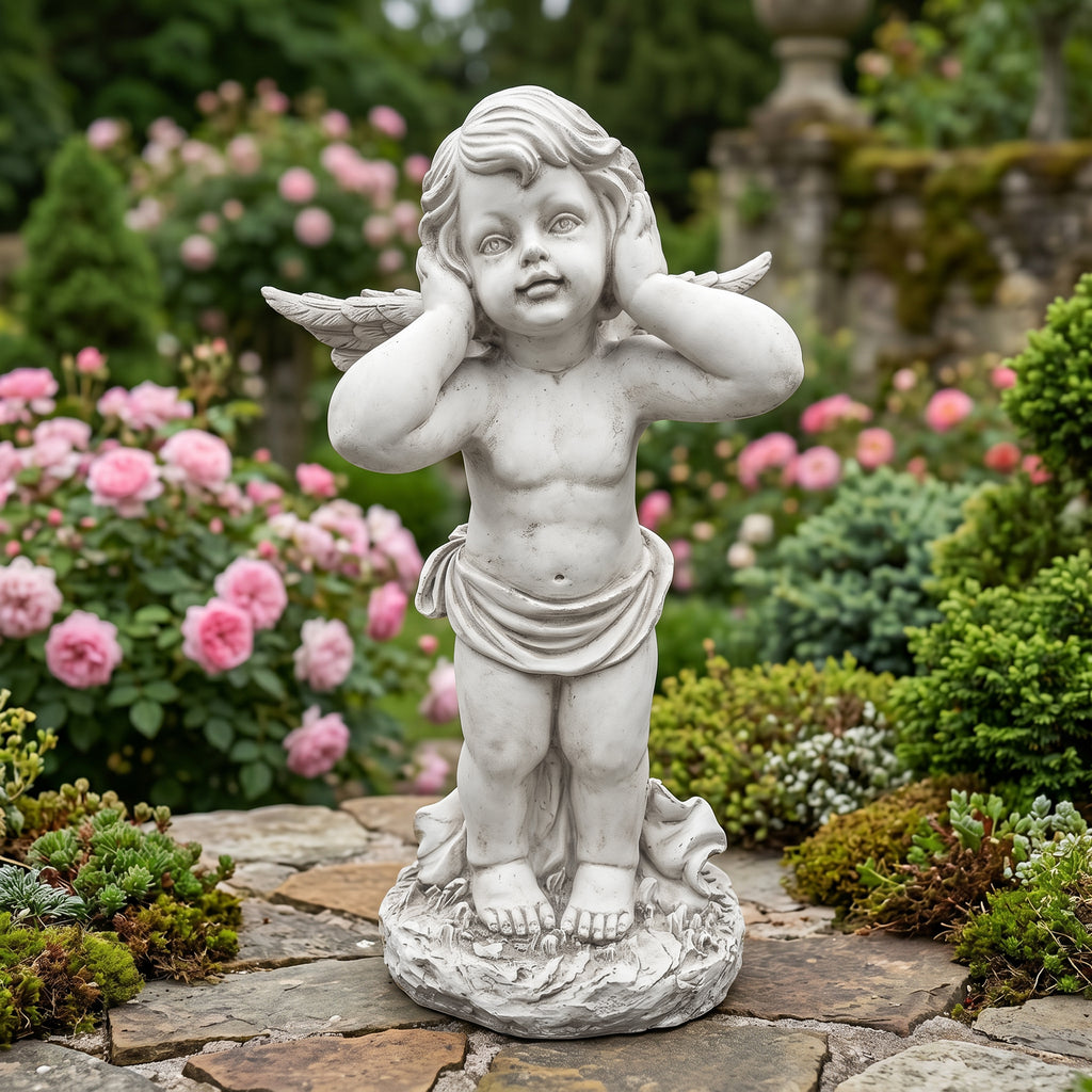 Winged Angel Covering Her Ears Resin Ornament, Outdoor Garden Sculpture, suitable for lawns, patios, and courtyard decoration.