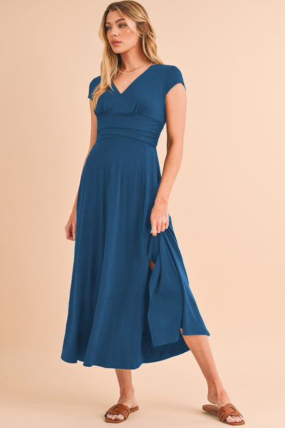 Peacock Blue Deep V Neck Ruched High Waist Maxi Dress - Eloy Royal