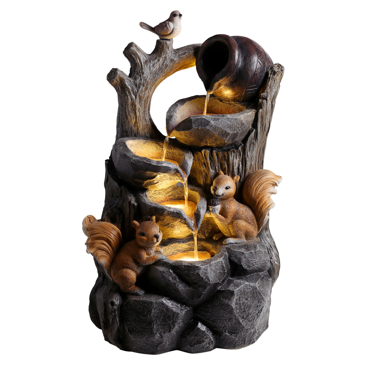 Outdoor Squirrel Water Fountain, 30.1' Resin Tiered Waterfall Fountain with LED Light for Patio Garden Decor