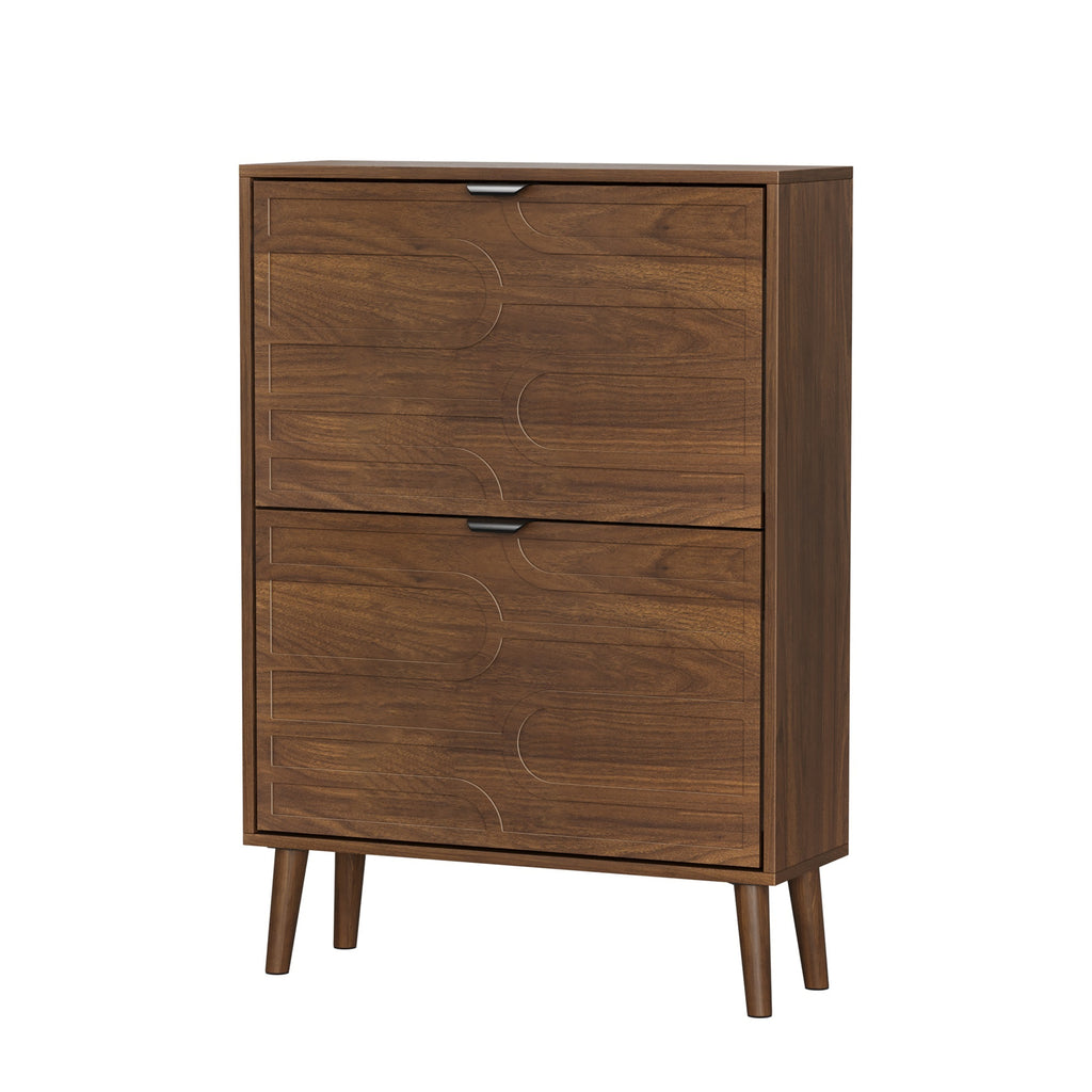 Medieval Modern Independent Shoe Cabinet, 23.62-inch Walnut Storage Unit with 2 Flip Drawers, MDF and Particle Board Construction