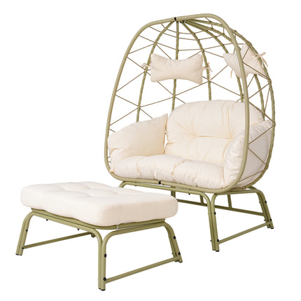 Double Patio Egg Chair with Ottoman, Wicker Outdoor Egg Chair with Cushion, 2 Person Lounge Chair with Footrest for Balcony, Garden and Backyard