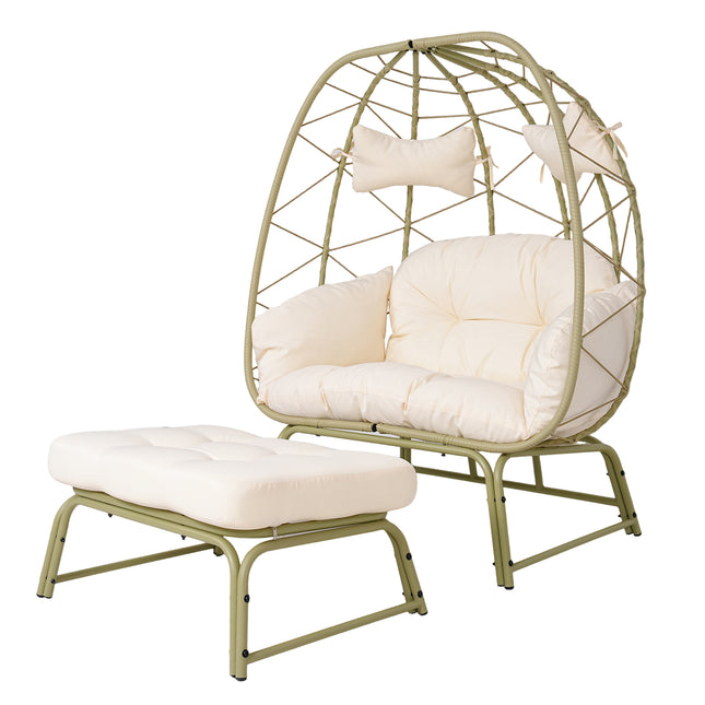Double Patio Egg Chair with Ottoman, Wicker Outdoor Egg Chair with Cushion, 2 Person Lounge Chair with Footrest for Balcony, Garden and Backyard