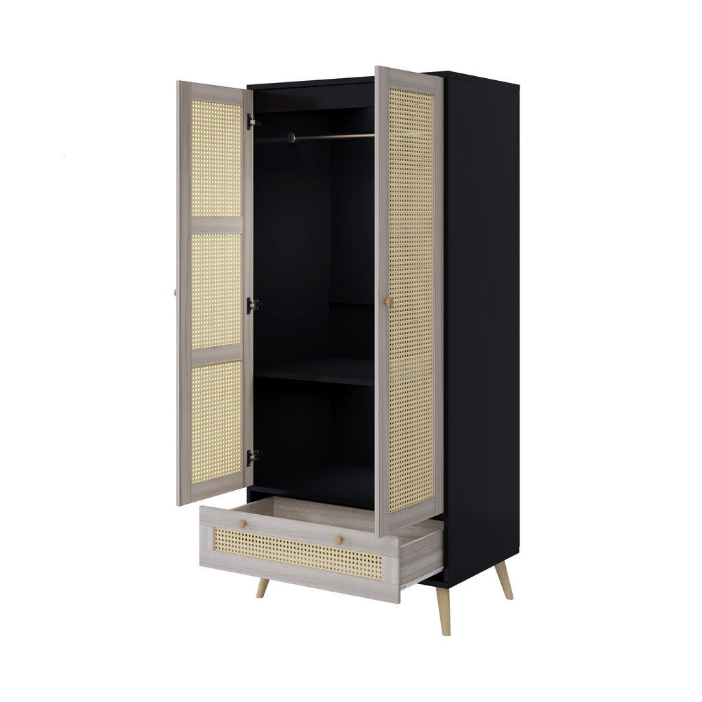 Boho Wooden Armoire Wardrobe Closet with Rattan Doors & Drawer, Natural+Black, 70.8' Tall