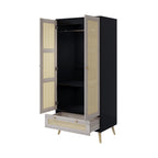 Boho Wooden Armoire Wardrobe Closet with Rattan Doors & Drawer, Natural+Black, 70.8' Tall