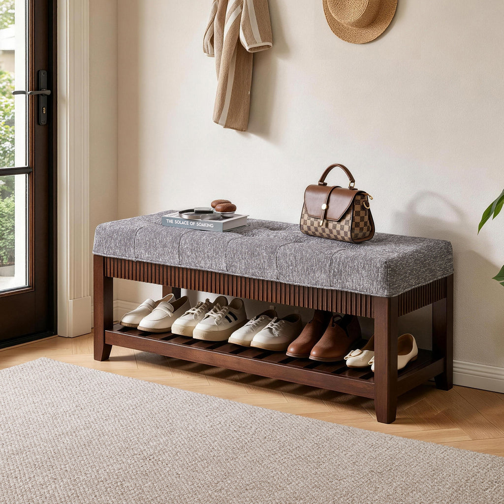 Solid Wood Entryway Bench, Solid Rubber Wood Shoe Bench with Padded Cushion and Lower Shoe Rack, Upholstered Storage Bench for Foyer Hallway Living Room