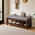Solid Wood Entryway Bench, Solid Rubber Wood Shoe Bench with Padded Cushion and Lower Shoe Rack, Upholstered Storage Bench for Foyer Hallway Living Room