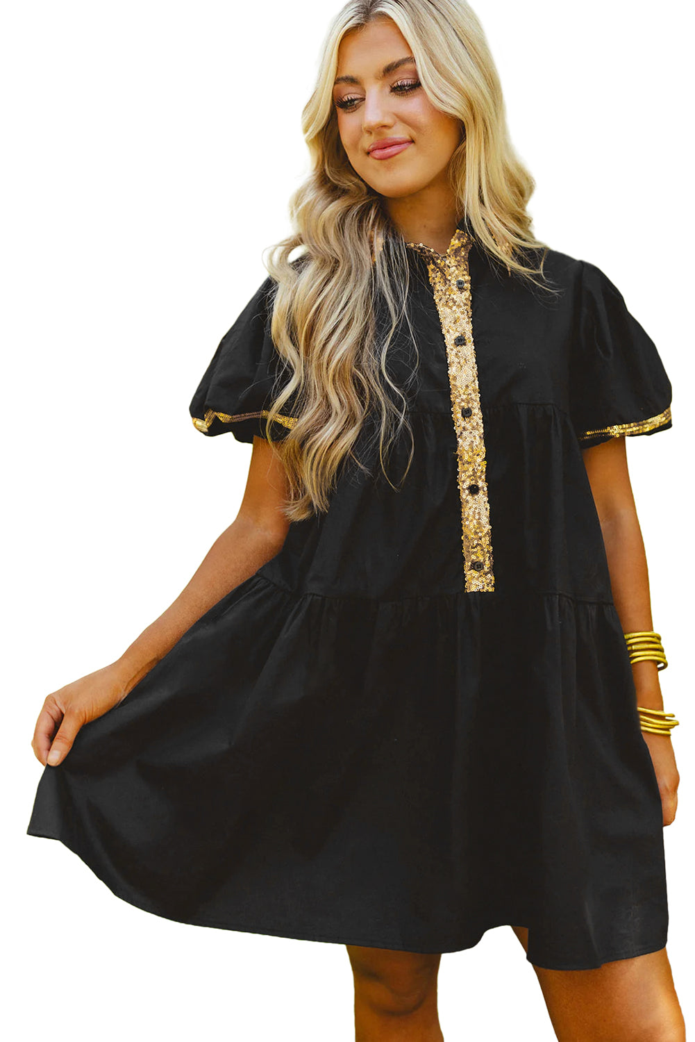 Black Sequin Trim Bubble Sleeve Tiered Mini Dress - Eloy Royal