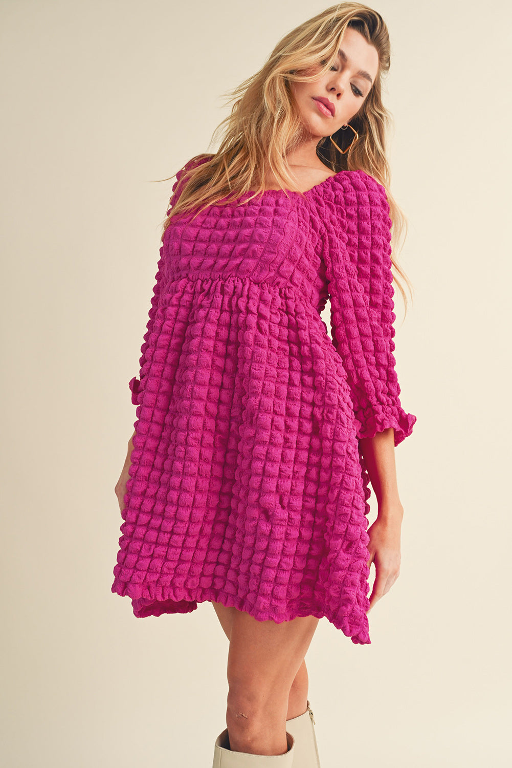 Strawberry Pink Bubble Textured Square Neck Babydoll Dress - Eloy Royal