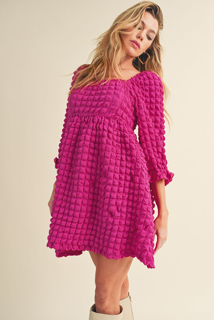 Strawberry Pink Bubble Textured Square Neck Babydoll Dress - Eloy Royal