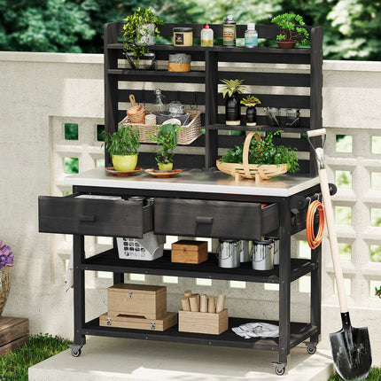Solid Wood Outdoor Kitchen Island with Upper Hutch