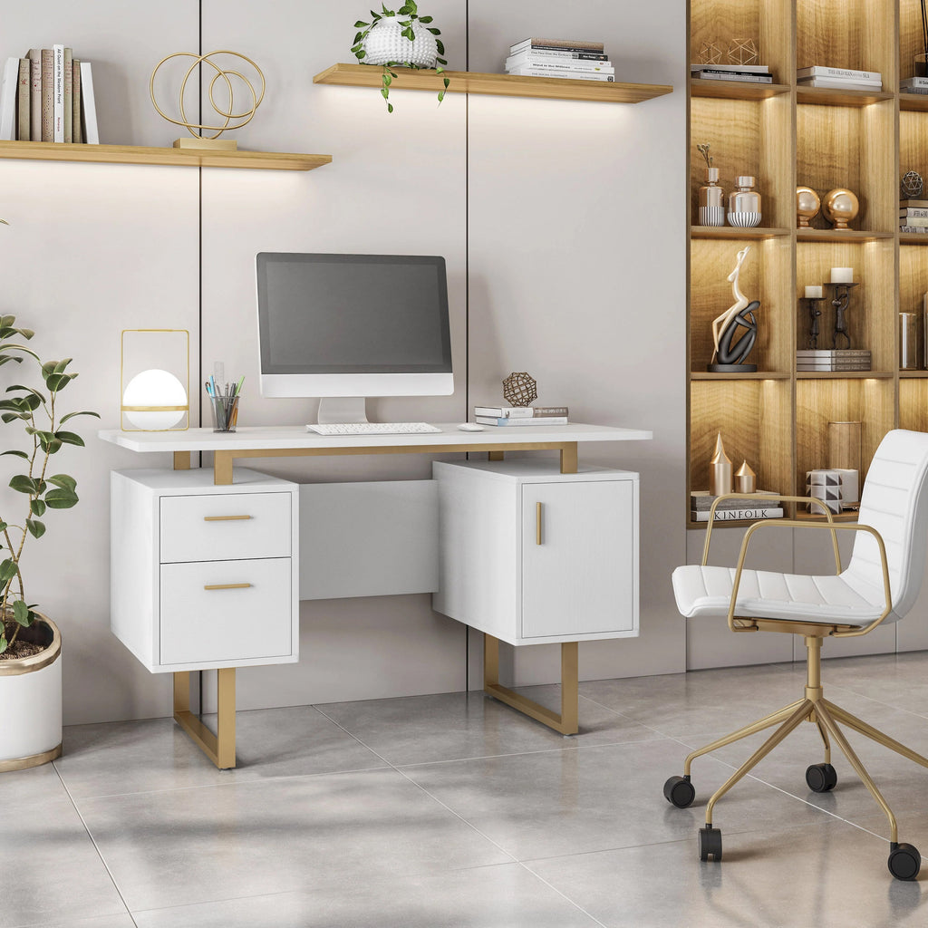 White and Gold Desk for Office with Drawers & Storage, 51.25' W