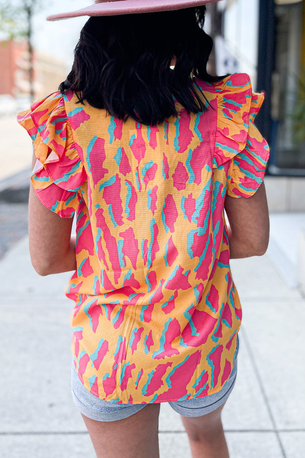 Orange Abstract Print V Neck Ruffled Sleeve Blouse - Eloy Royal