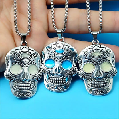 Halloween Luminous Skull Necklace With Day Of The Dead Lotus Pattern Personality Clavicle Necklace Fashion Jewelry Accessories