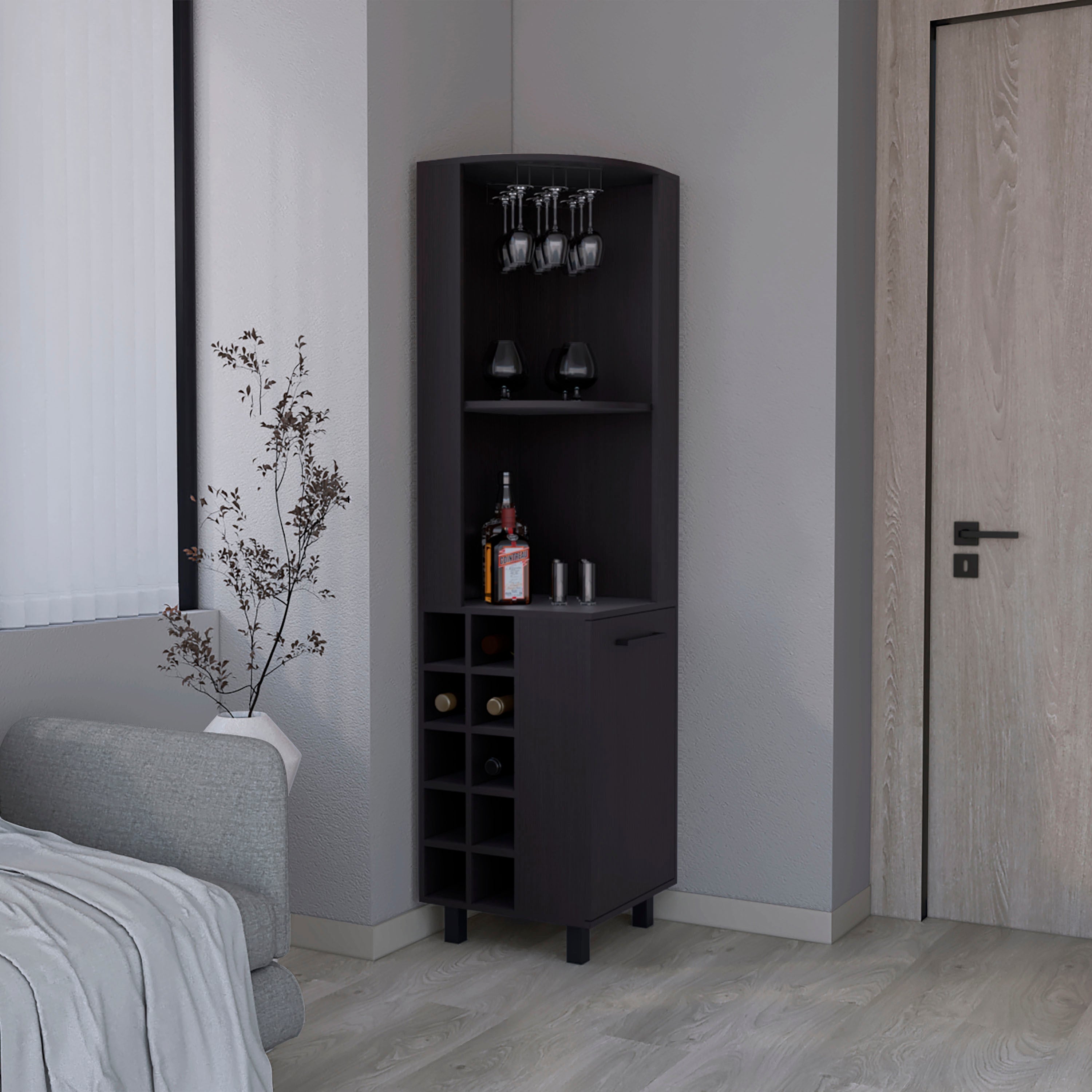 Corner Bar Single Door Cabinet Two Shelves, Ten Built-in Wine Rack, Two Interior Shelves