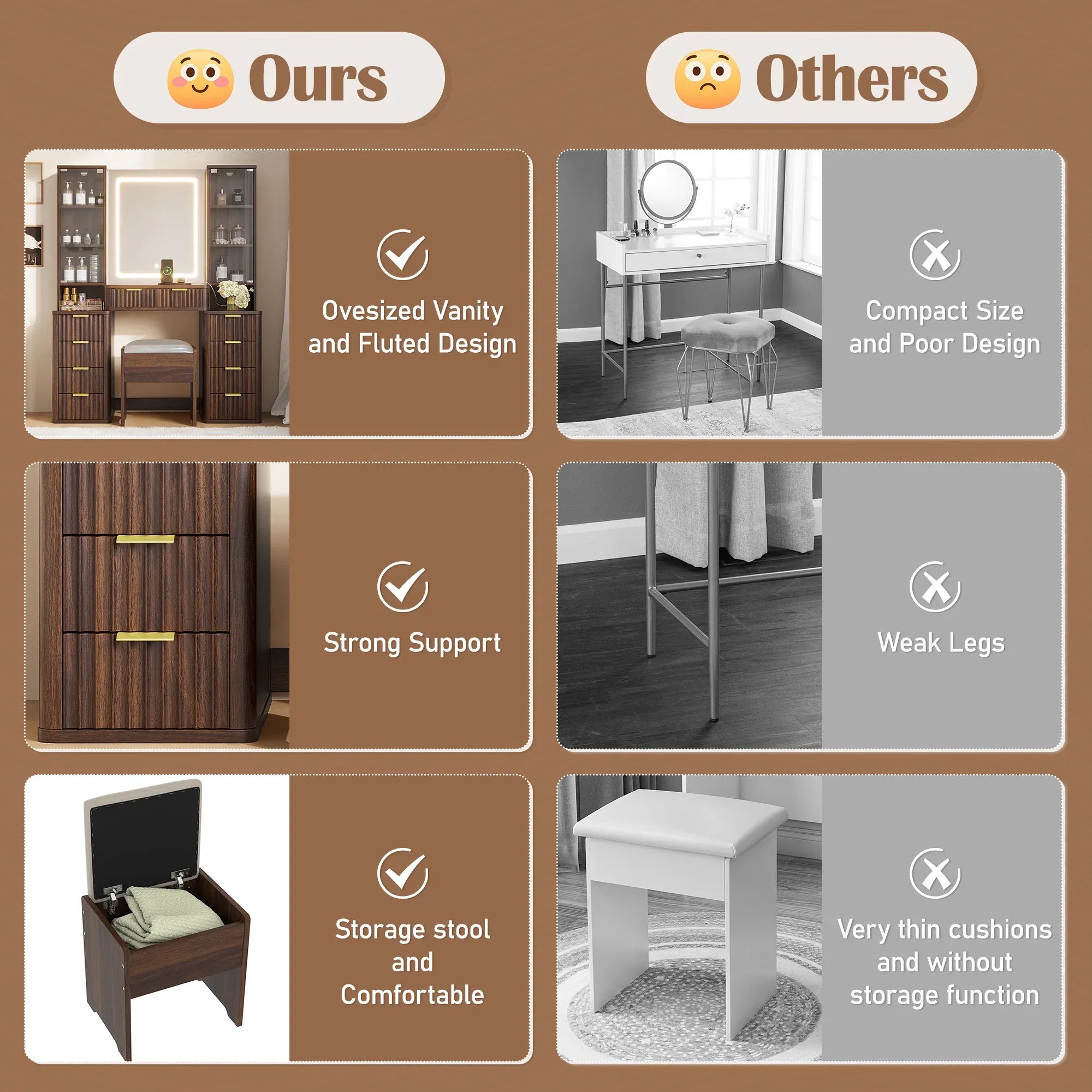 43.5' Fluted Makeup Vanity Desk with Mirror and Lights, Modern Glass Top Vanity Table with 10 Drawers & 2 Transparent Glass Cabinets, Dressing Table Set with Stool and Charging Station, Brown - Eloy Royal