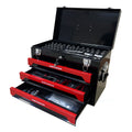 20'' Portable 3-Drawer Steel Toolbox, 4 Layers of Tools with Metal Latches, with Top Storage Tray and carrying Handle, Multi-Function Tool Storage for Garage, Home, or Workbench, Black and Red