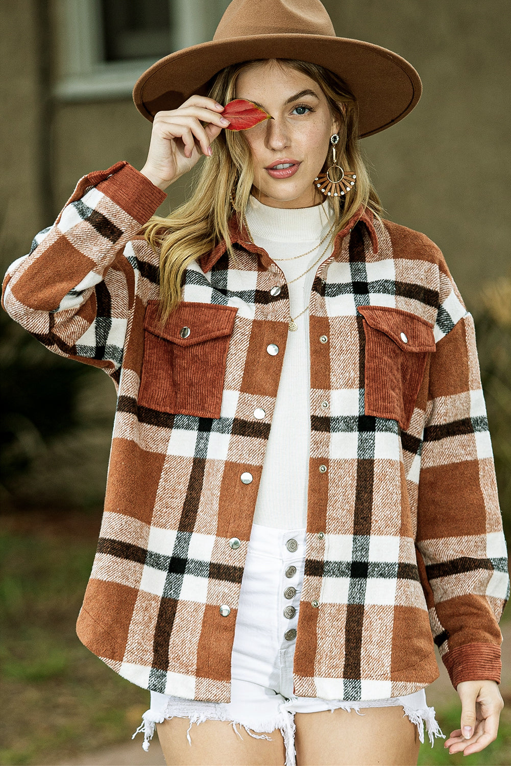 Brown Plaid Pocket Casual Buttons Up Shirt Shacket - Eloy Royal