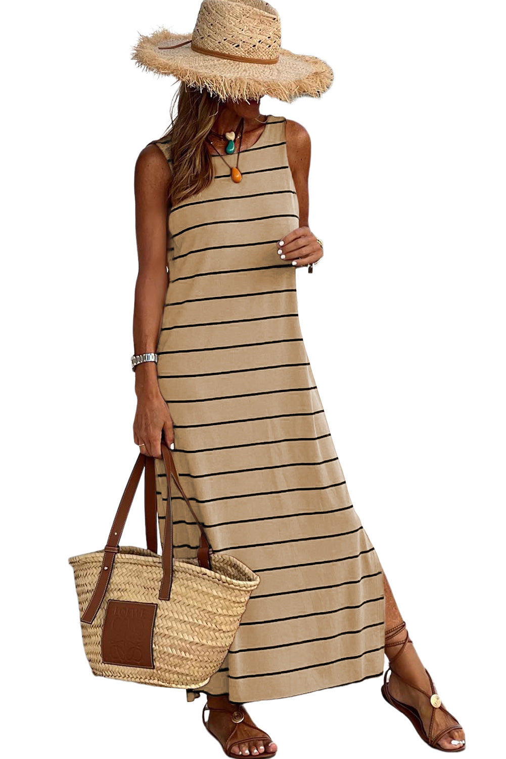 Black Stripe Print Open Back Sleeveless Maxi Dress With Slits - Eloy Royal