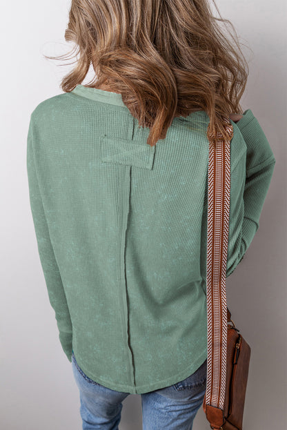 Smoke Green Casual V Neck Waffle Knit Top