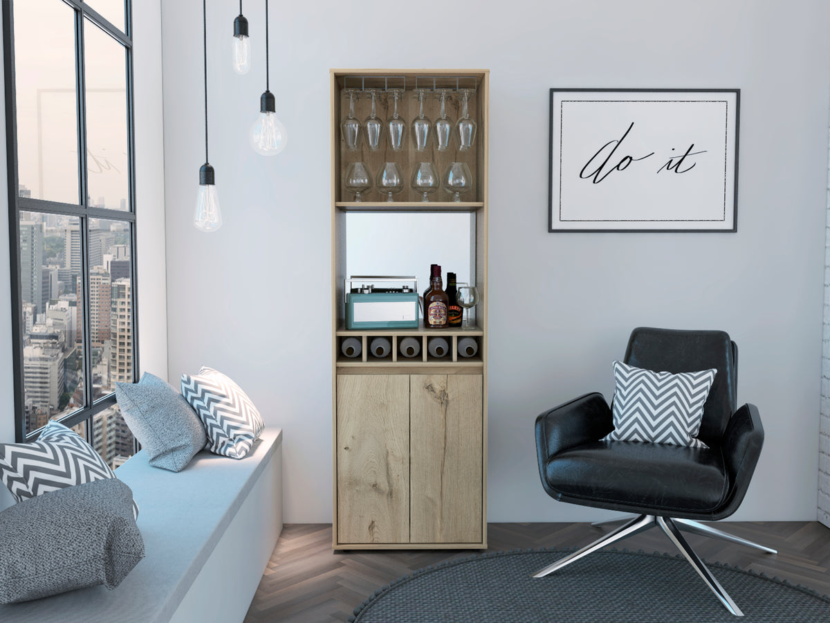 Redding Bar Cabinet, One Cabinet, Interior Shelves, Five Bottle Cubbies, Two Shelves
