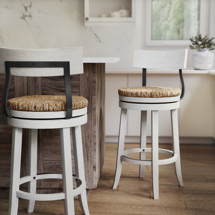 31' Wood Bar-Height Bar Stool with Natural Seagrass Seat, Reclaimed White, 1PC