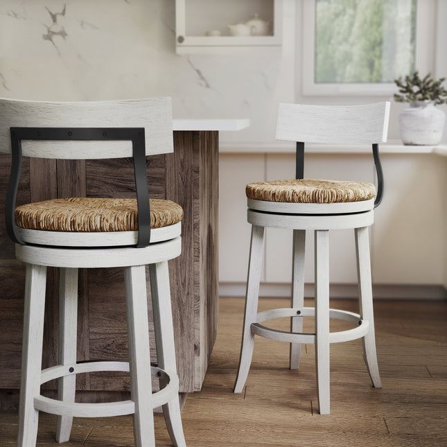 31' Wood Bar-Height Bar Stool with Natural Seagrass Seat, Reclaimed White, 1PC