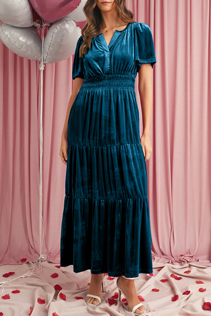 Prussian Blue Velvet Short Sleeve Shirred Waist Tiered Maxi Dress