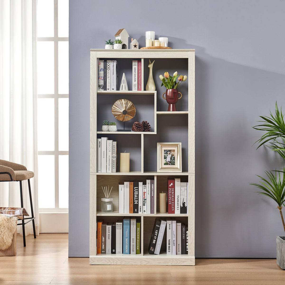 Free Combination Wood Open Bookshelf, Multi Space Display Storage Cabinet, Easy to Assemble Freestanding Bookcase with Anti-Tip Straps, Classified Storage Organizer for Living Room Bedroom Home Office