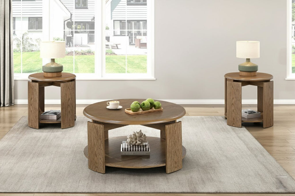 Stylish Coffee Table Set 3pcs Brown Finish 1x Coffee Table 2x End Tables with Bottom Shelves Living Room Furniture Occasional Table Set