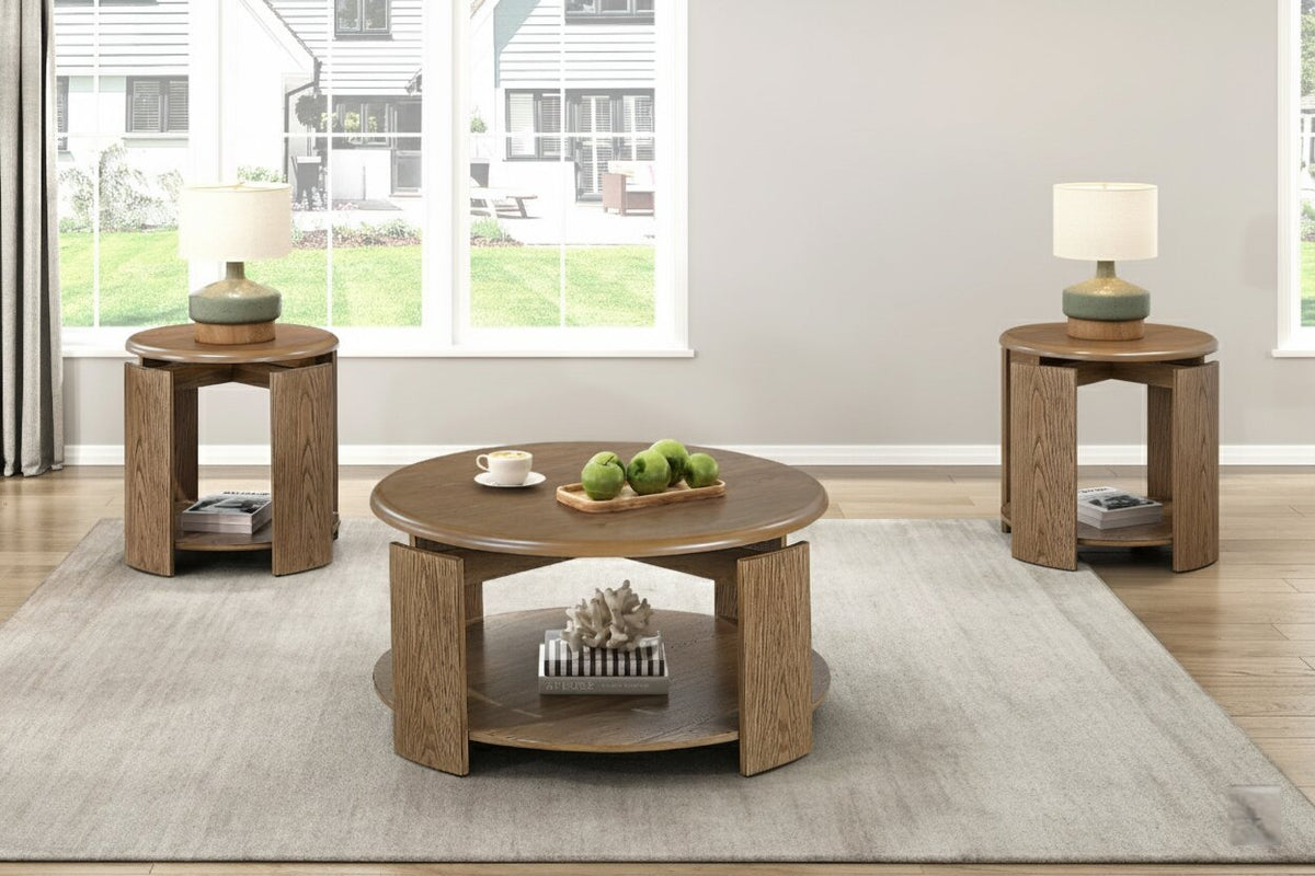 Stylish Coffee Table Set 3pcs Brown Finish 1x Coffee Table 2x End Tables with Bottom Shelves Living Room Furniture Occasional Table Set