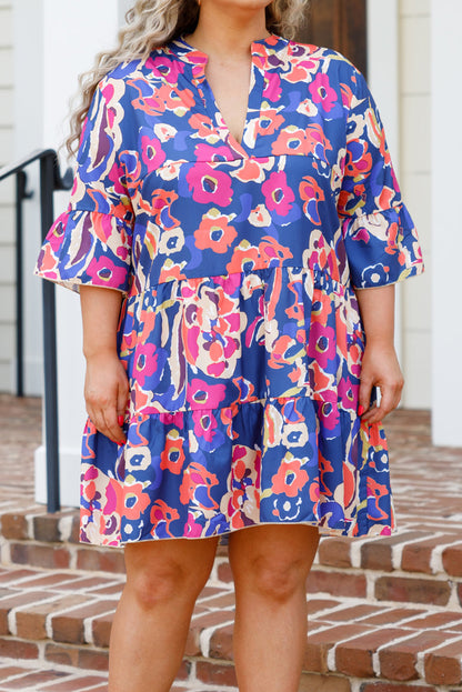 Blue Plus Size Floral Print Bell Sleeve Mini Dress - Eloy Royal