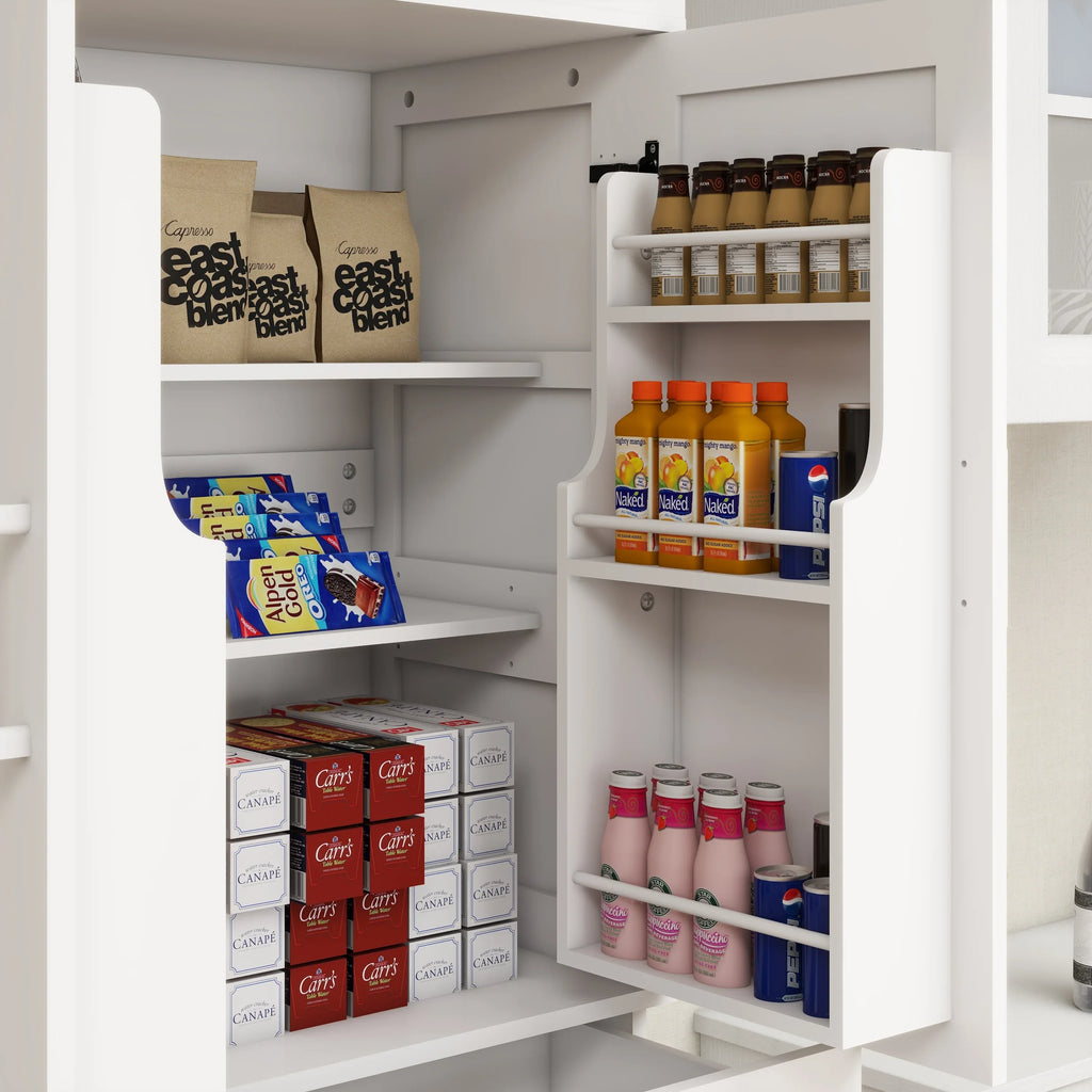 71' Kitchen Pantry Storage Cabinet with 4 Doors(2Doors with Racks),1 Drawer, 2 Adjustable Shelves, Freestanding Cupboard for Kitchen, Dining Room and Living Room-White - Eloy Royal