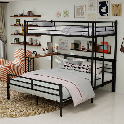 Metal frame bed, loft bed with desk underneath, bunk bed, equipped with ladder and full-length guardrails, suitable for teenagers and adults, noise-free (mattress not included).